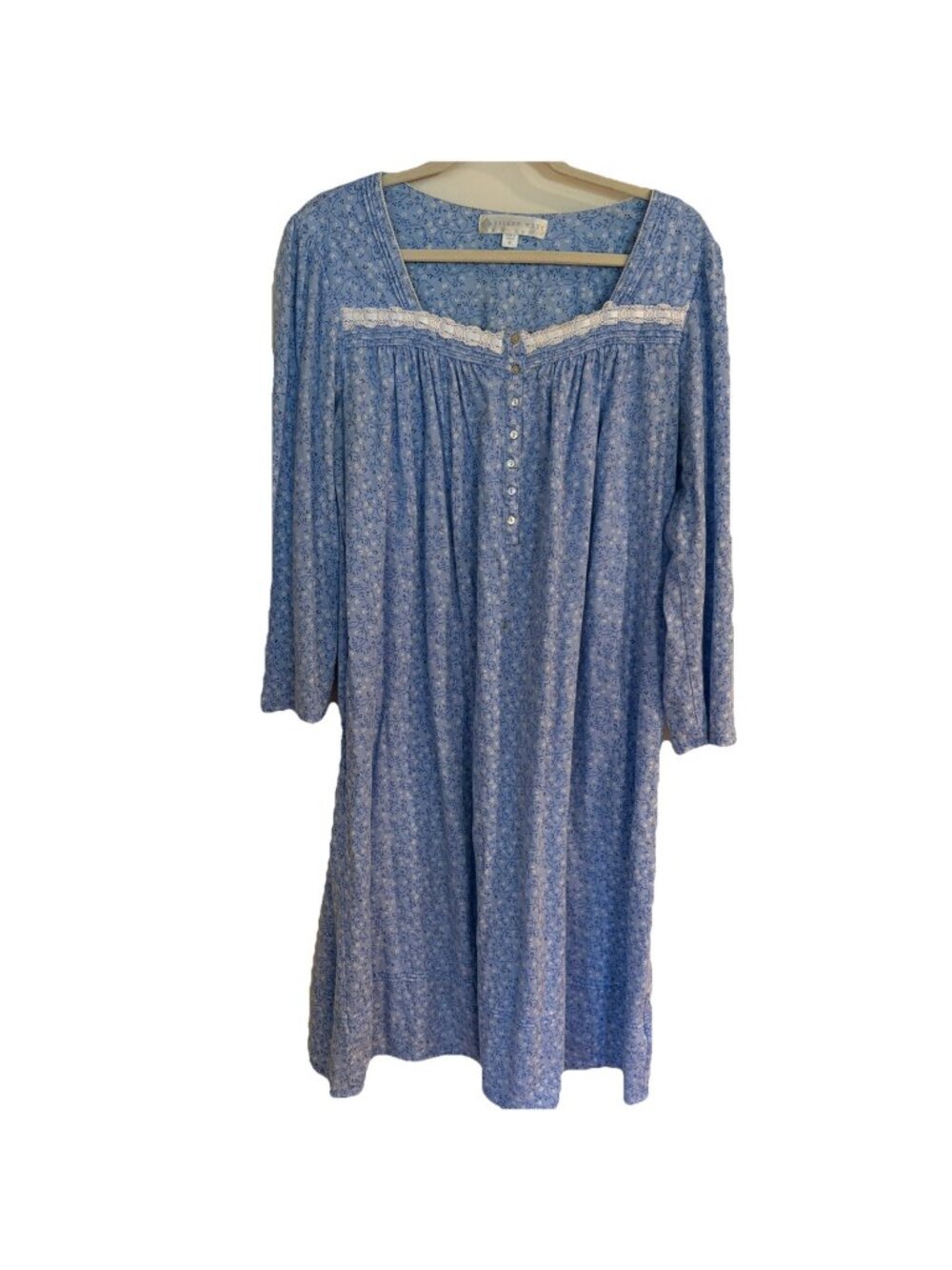 Eileen West Sleepwear Gown Size M Long Sleeve Cozy Blue Floral Pintuck Lace